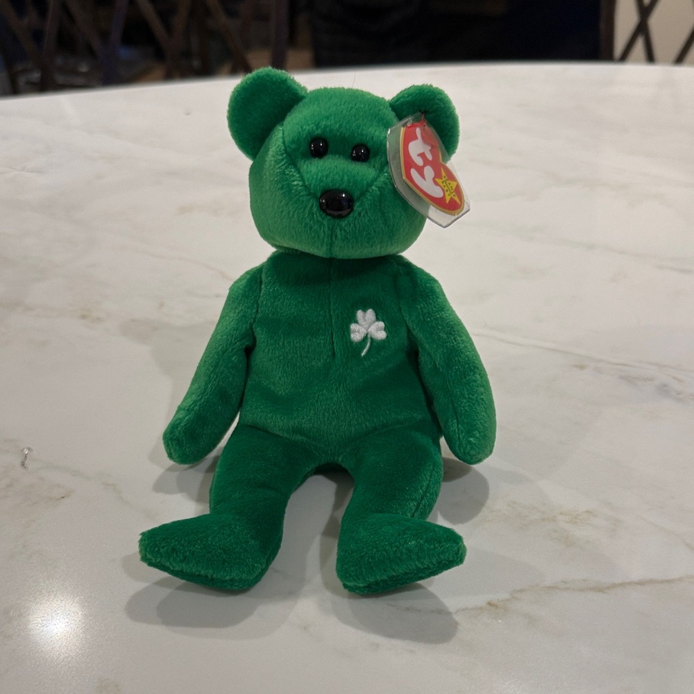 Ty Green Plush Erin Bear with White Shamrock Embroidery